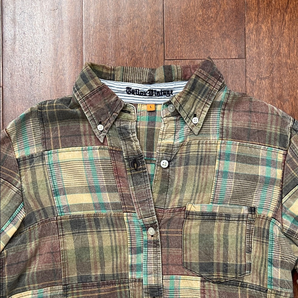 Tailor Vintage Plaid Patchwork Button Down Shirt,… - image 2